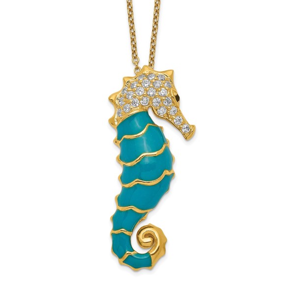 SS Gold-plated Enameled Brilliant-cut Black White CZ Seahorse 18" Necklace - Picture 1 of 3